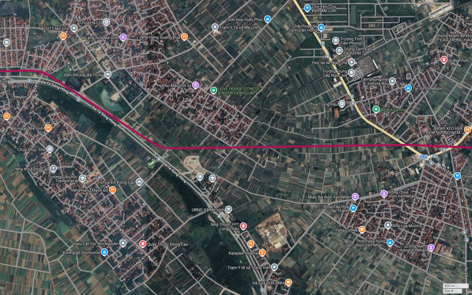 Vùng ruộng hoa Tiền Phong trên tuyến metro số 18, khu vực tương ứng với điểm cắt tim tuyến M14 ở khoảng km 6,7